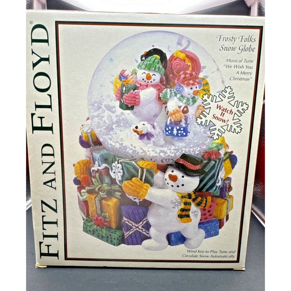 Fitz And Floyd Christmas Frosty Folks Snow Globe "We Wish You A Merry Christmas"